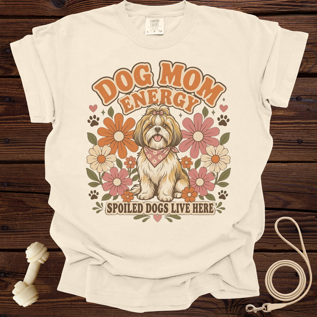Cream t-shirt with "Dog Mom Energy" and a dog wearing a bandana.
