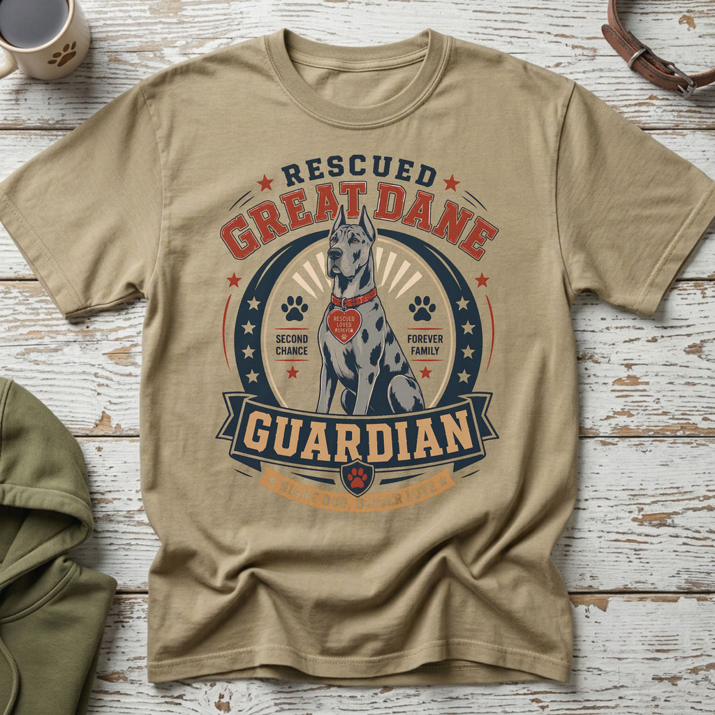 Tan t-shirt with rescued Great Dane graphic: "Rescued Great Dane Guardian".