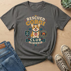 Rescued Corgi Club graphic on a t-shirt with rescue, love, repeat, and adopted royalty text.