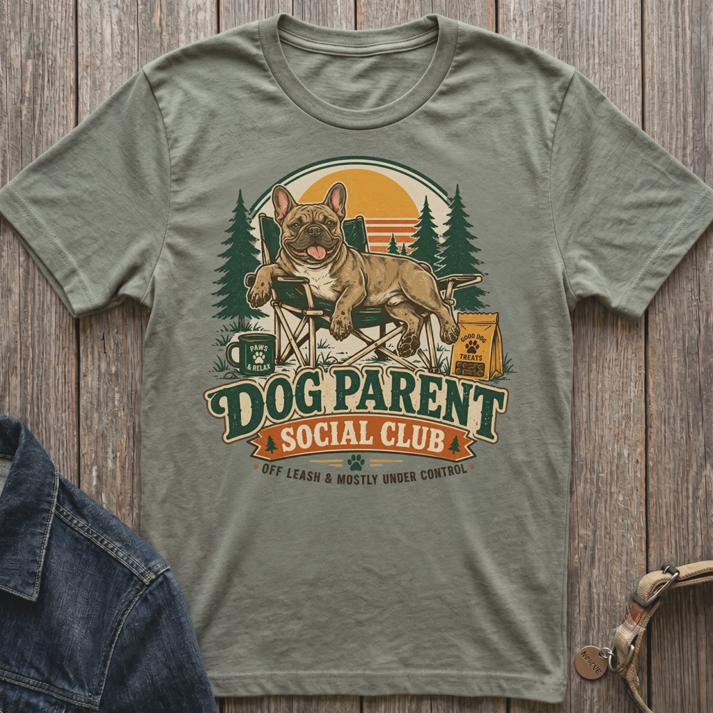 French bulldog relaxing in a chair with text "Dog Parent Social Club".
