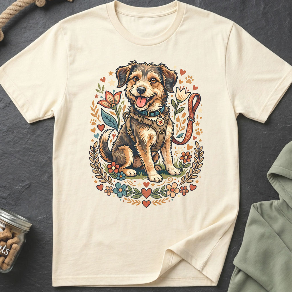 T-shirt featuring a smiling dog in a harness surrounded by flowers and hearts.