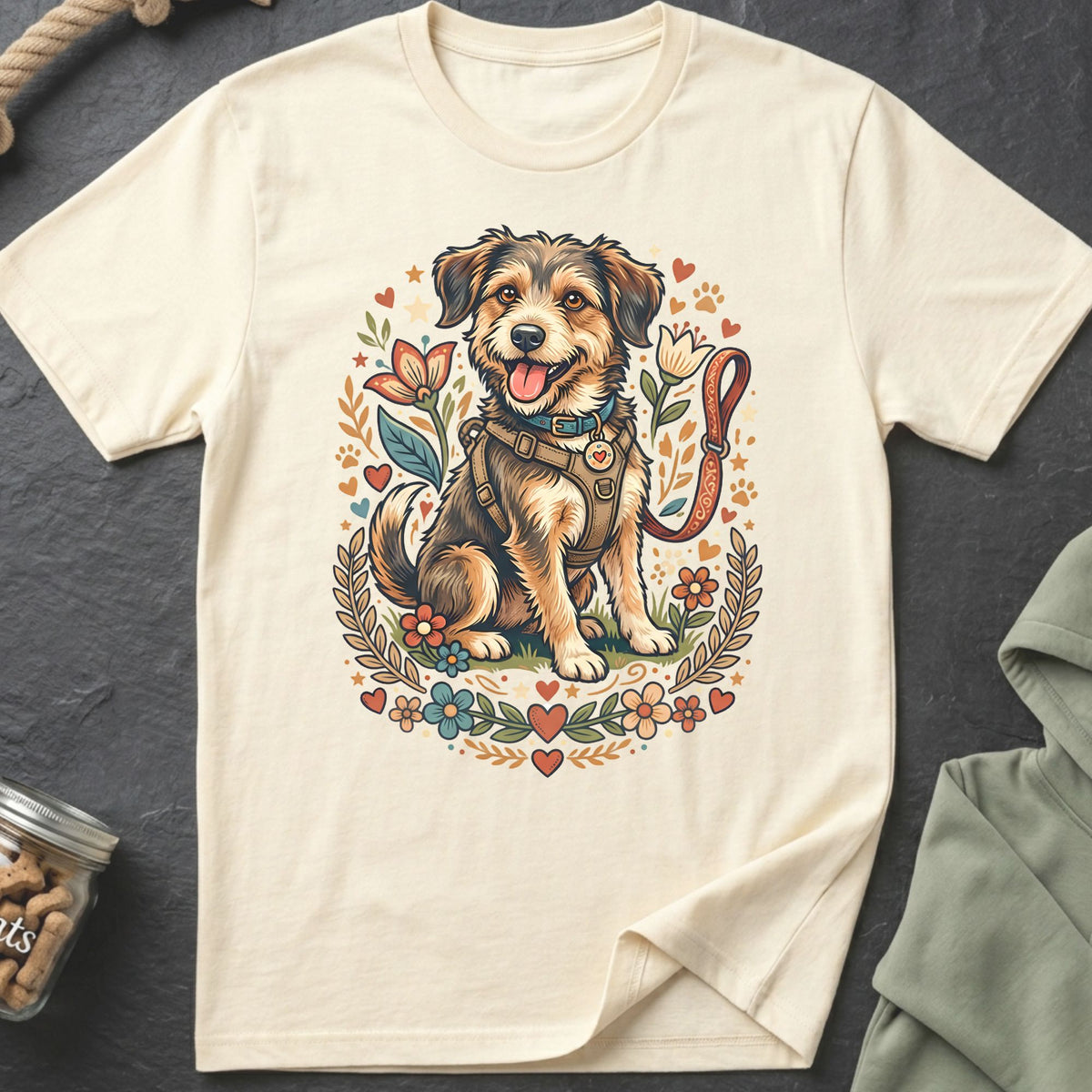 T-shirt featuring a smiling dog in a harness surrounded by flowers and hearts.