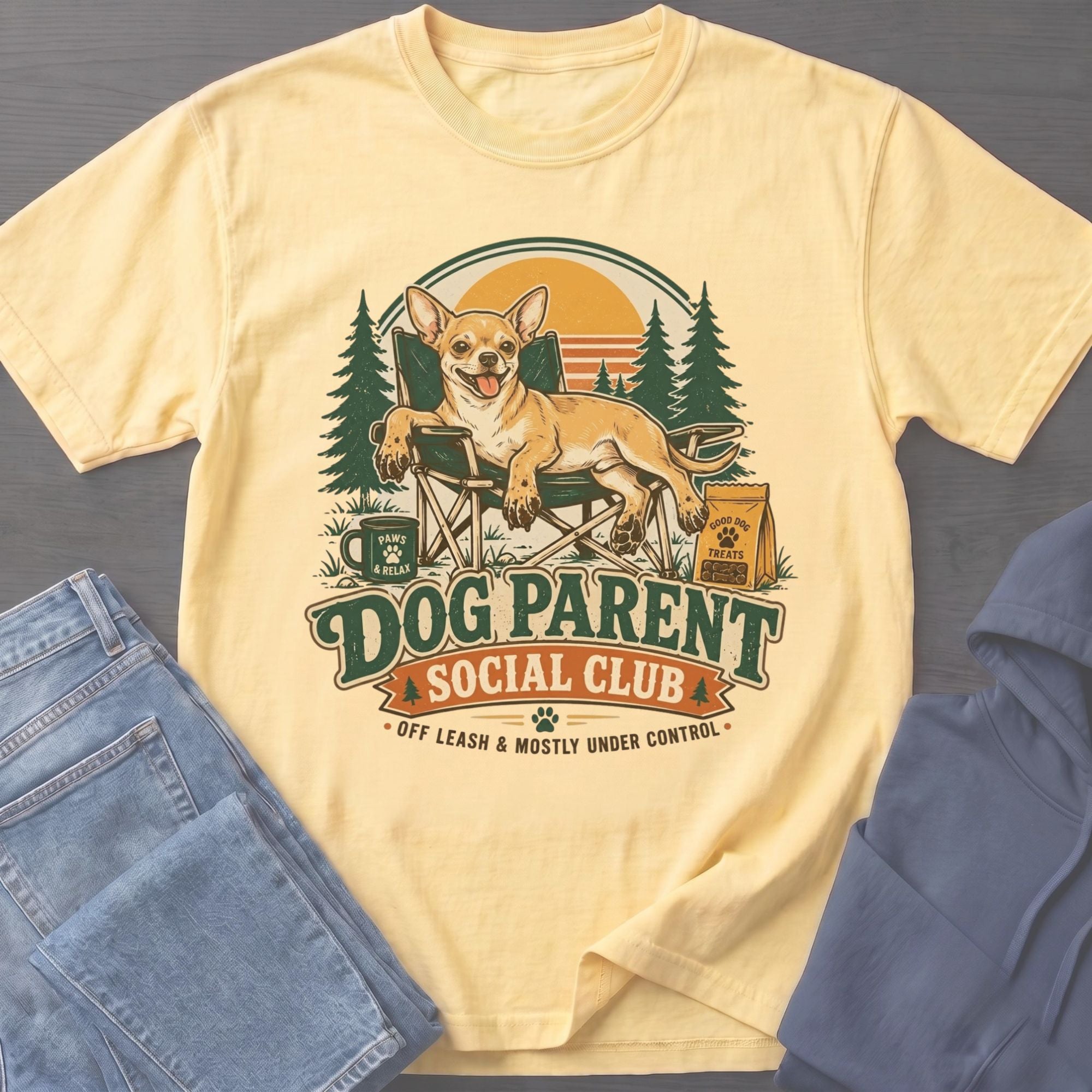 Yellow t-shirt graphic with a chihuahua, camp chairs, trees, and text "Dog Parent Social Club".