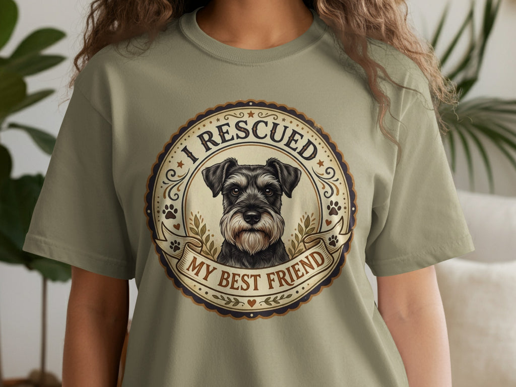 T-shirt with a schnauzer portrait and "I RESCUED MY BEST FRIEND" text.