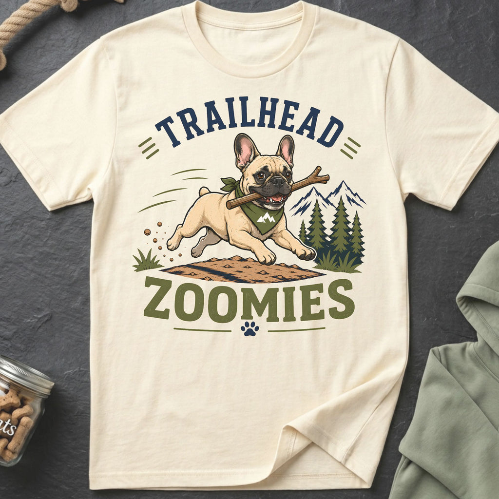 French bulldog with stick on t-shirt with "Trailhead Zoomies" text and mountain background.