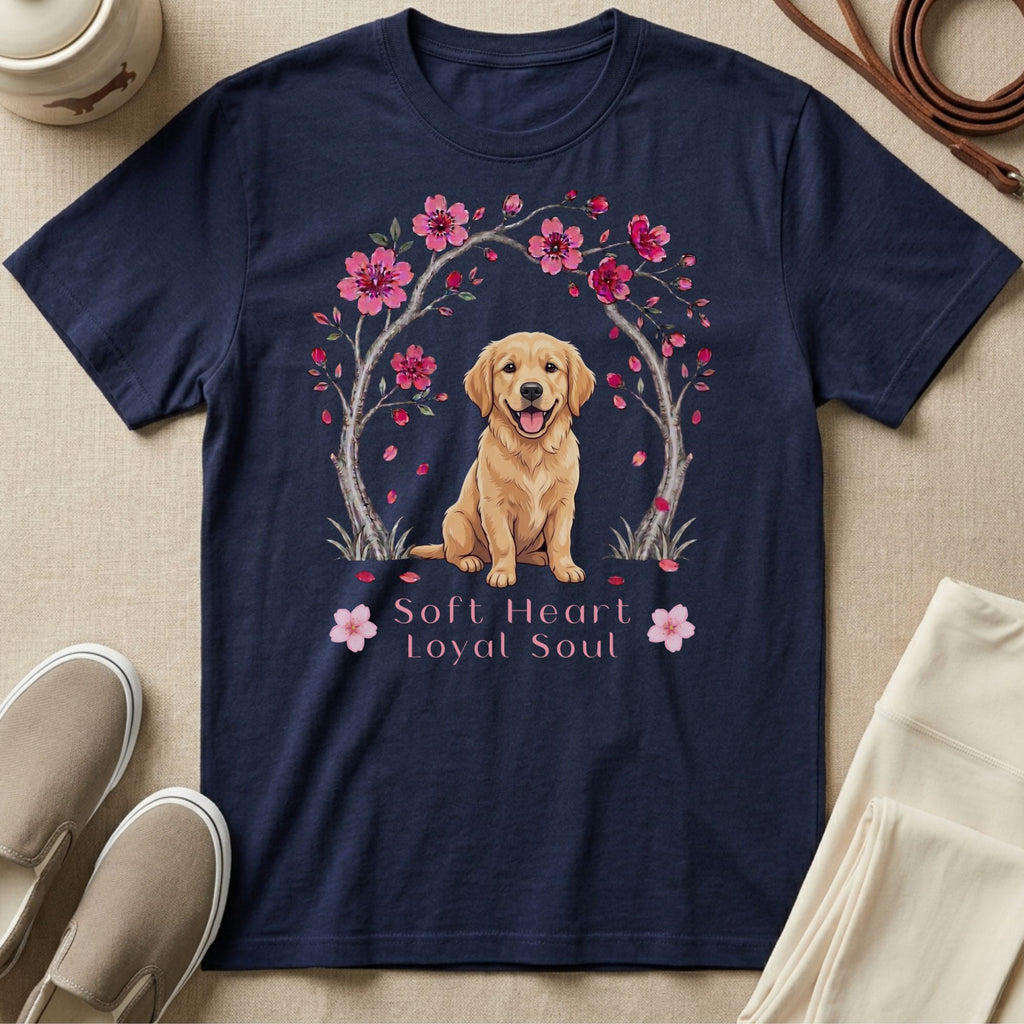 Navy t-shirt with a happy golden retriever sitting under a cherry blossom tree.