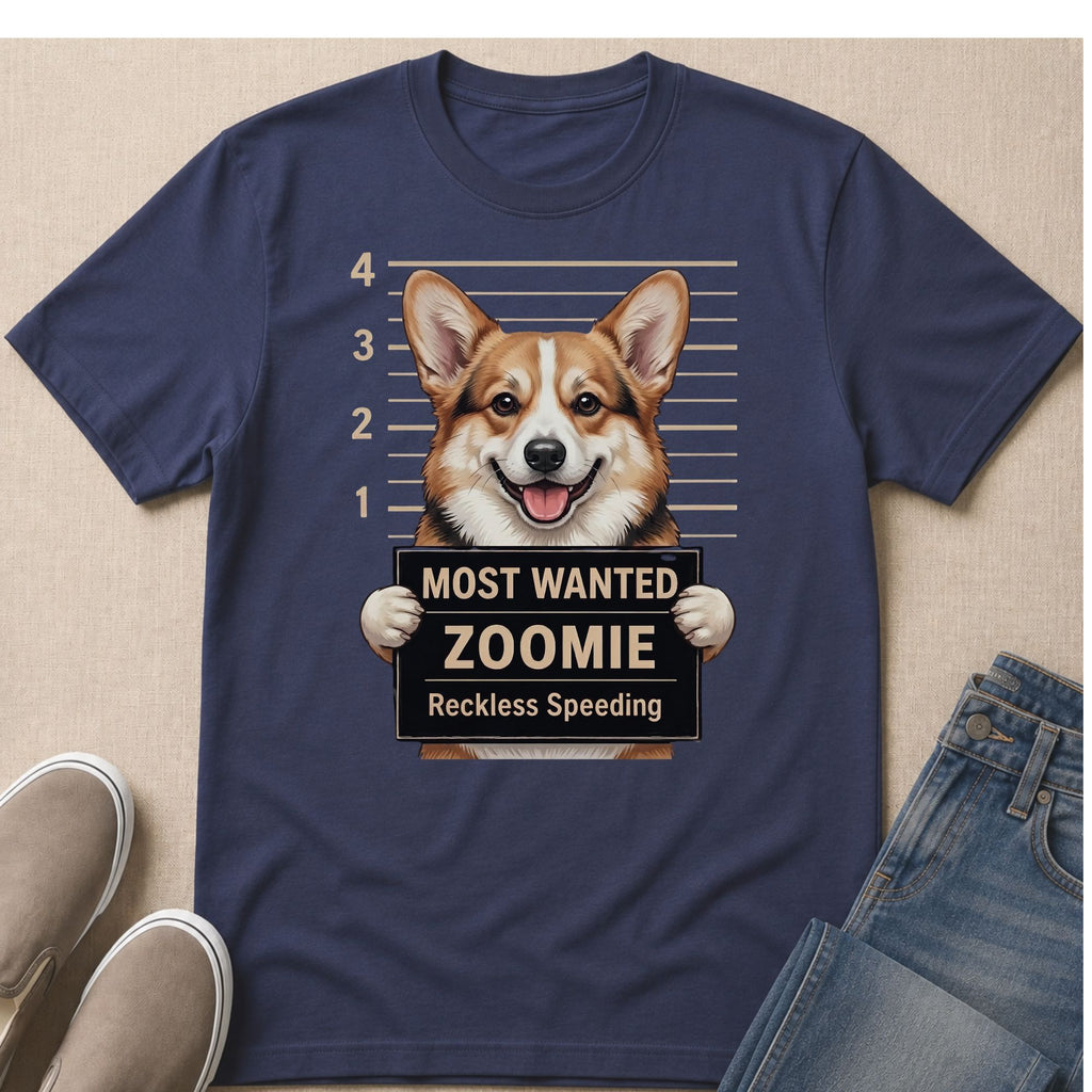 Corgi dog mugshot graphic on navy t-shirt, "Most Wanted Zoomie" and "Reckless Speeding".