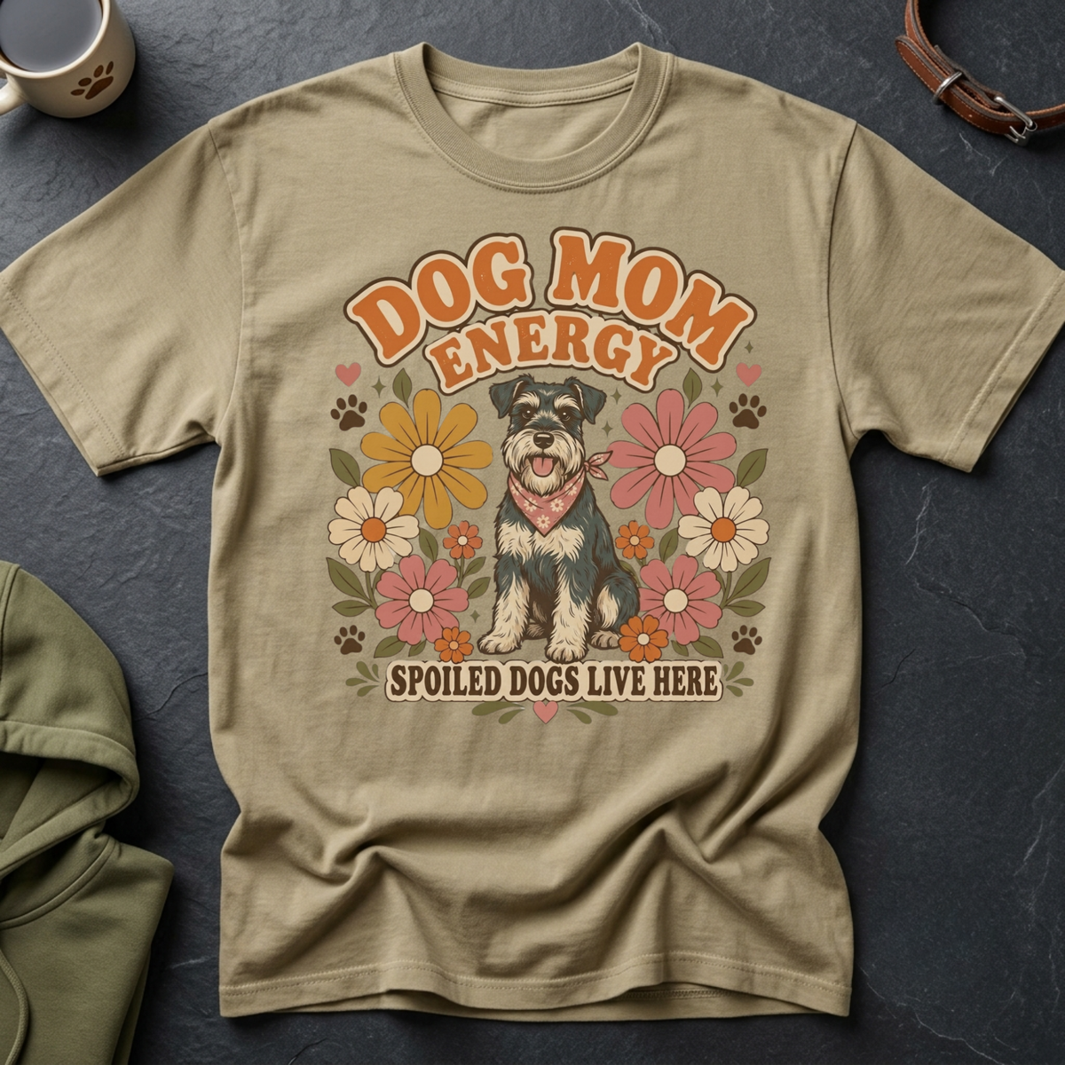 Tan t-shirt with "Dog Mom Energy" and a dog surrounded by flowers.