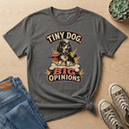 Gray t-shirt with "TINY DOG, BIG OPINIONS" text and a dog graphic.