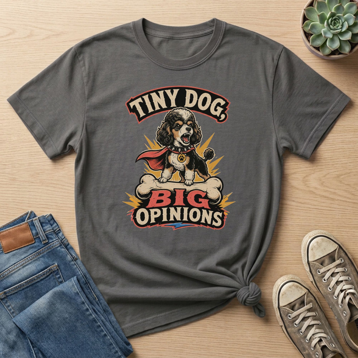 Gray t-shirt with "TINY DOG, BIG OPINIONS" text and a dog graphic.