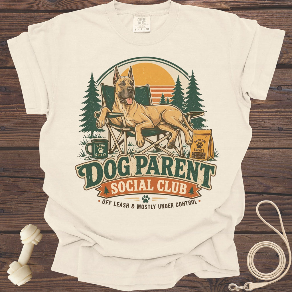 Great Dane relaxing in a camping chair with text "Dog Parent Social Club".