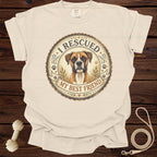 Cream t-shirt with circular graphic of a boxer dog and text "I RESCUED MY BEST FRIEND".