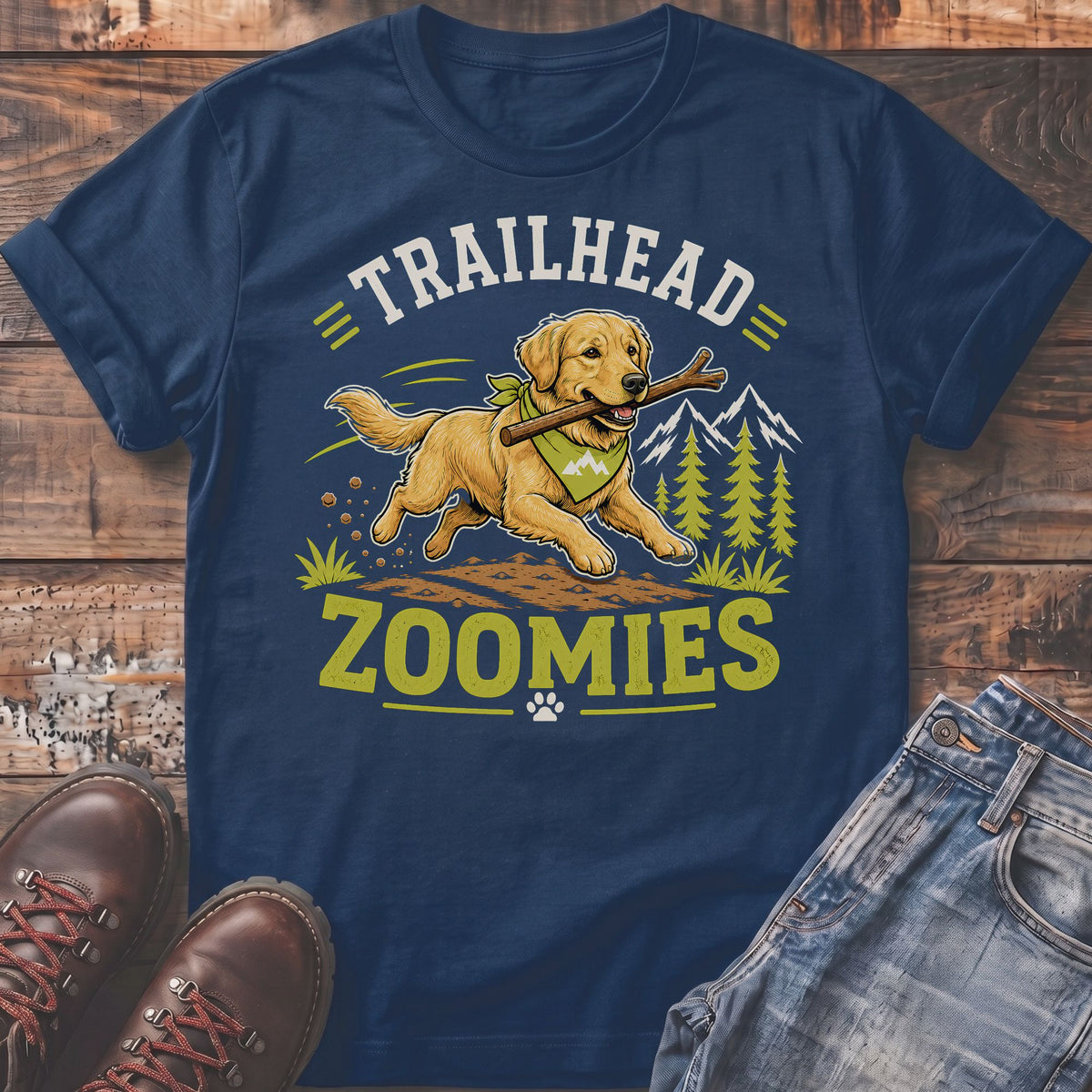 Golden retriever running with stick on t-shirt with "Trailhead Zoomies" text.