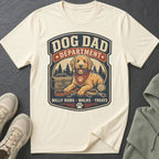 Cream t-shirt with "DOG DAD DEPARTMENT" and a dog graphic.