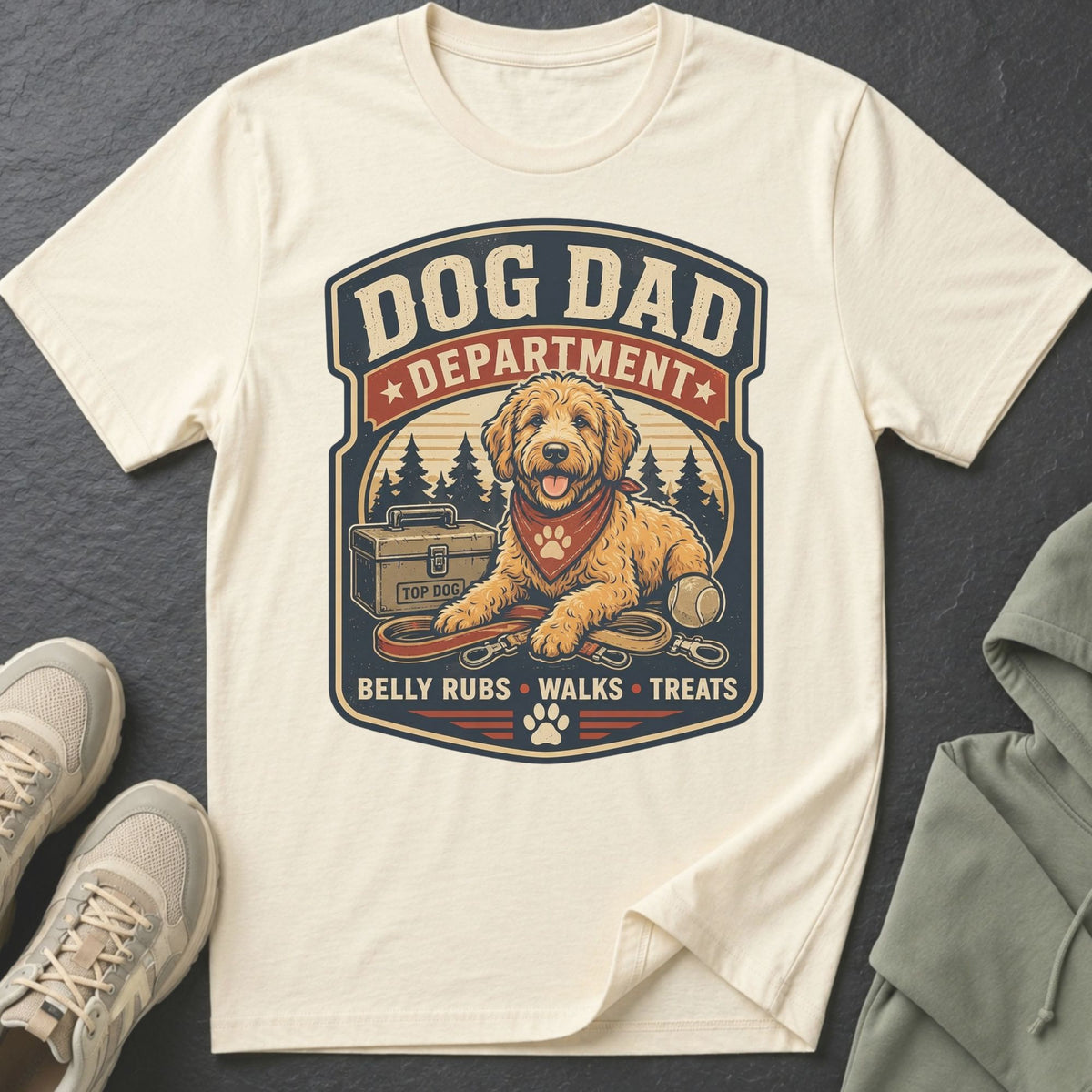 Cream t-shirt with "DOG DAD DEPARTMENT" and a dog graphic.
