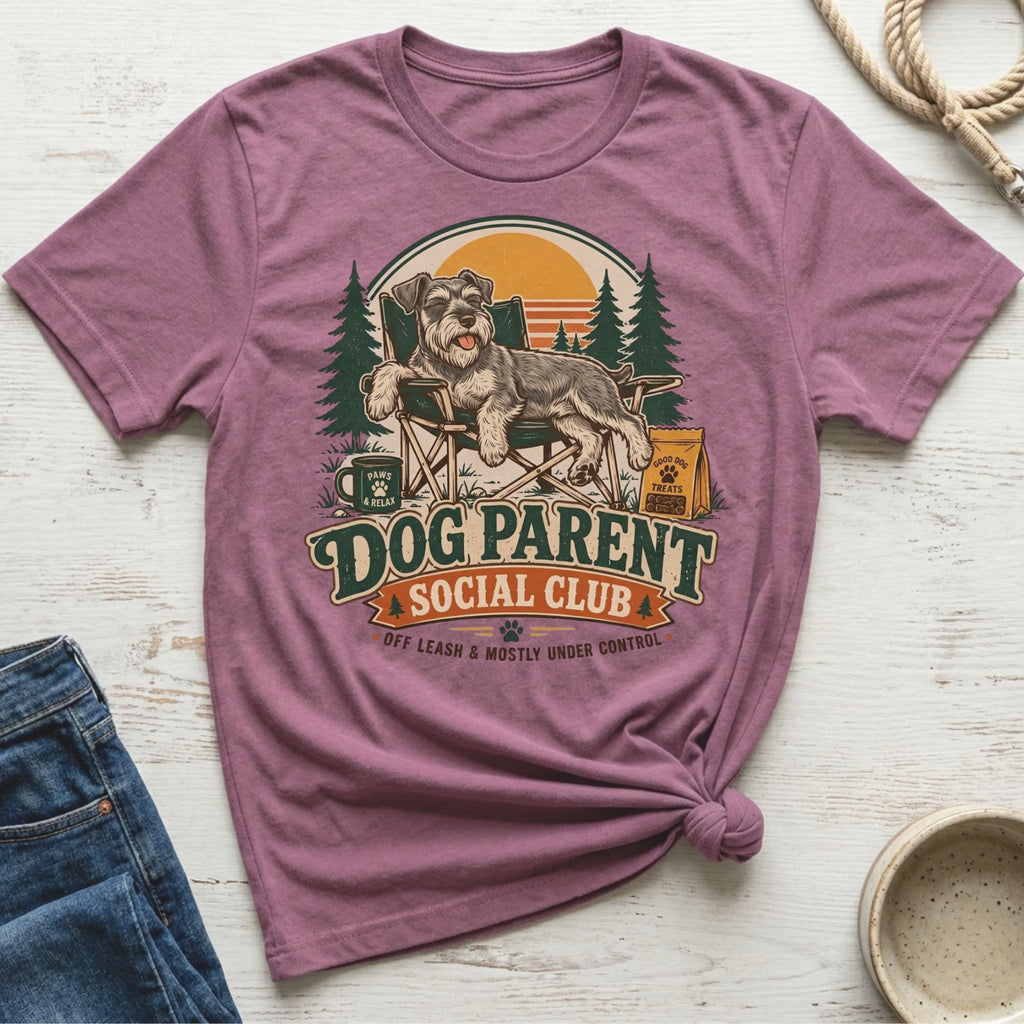 Schnauzer relaxes in camp chair with "Dog Parent Social Club" text.
