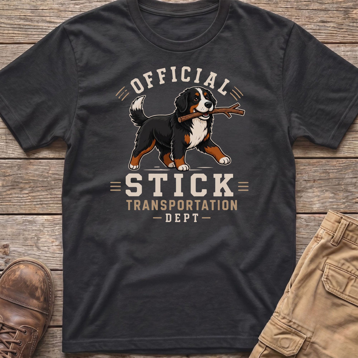 Bernese Mountain Dog on t-shirt with text "Official Stick Transportation Dept."