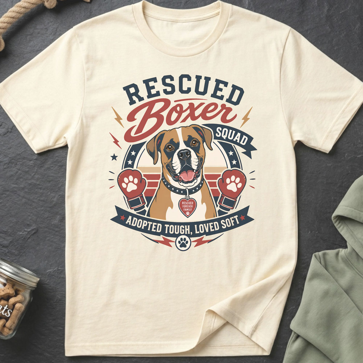Cream t-shirt with boxer dog graphic and text "Rescued Boxer Squad Adopted Tough, Loved Soft".