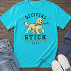 Turquoise t-shirt with a doodle dog and "Official Stick Transportation Dept" text.
