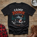 Black t-shirt with "Camp Zoomie Wilderness Area" text and a running dog graphic.