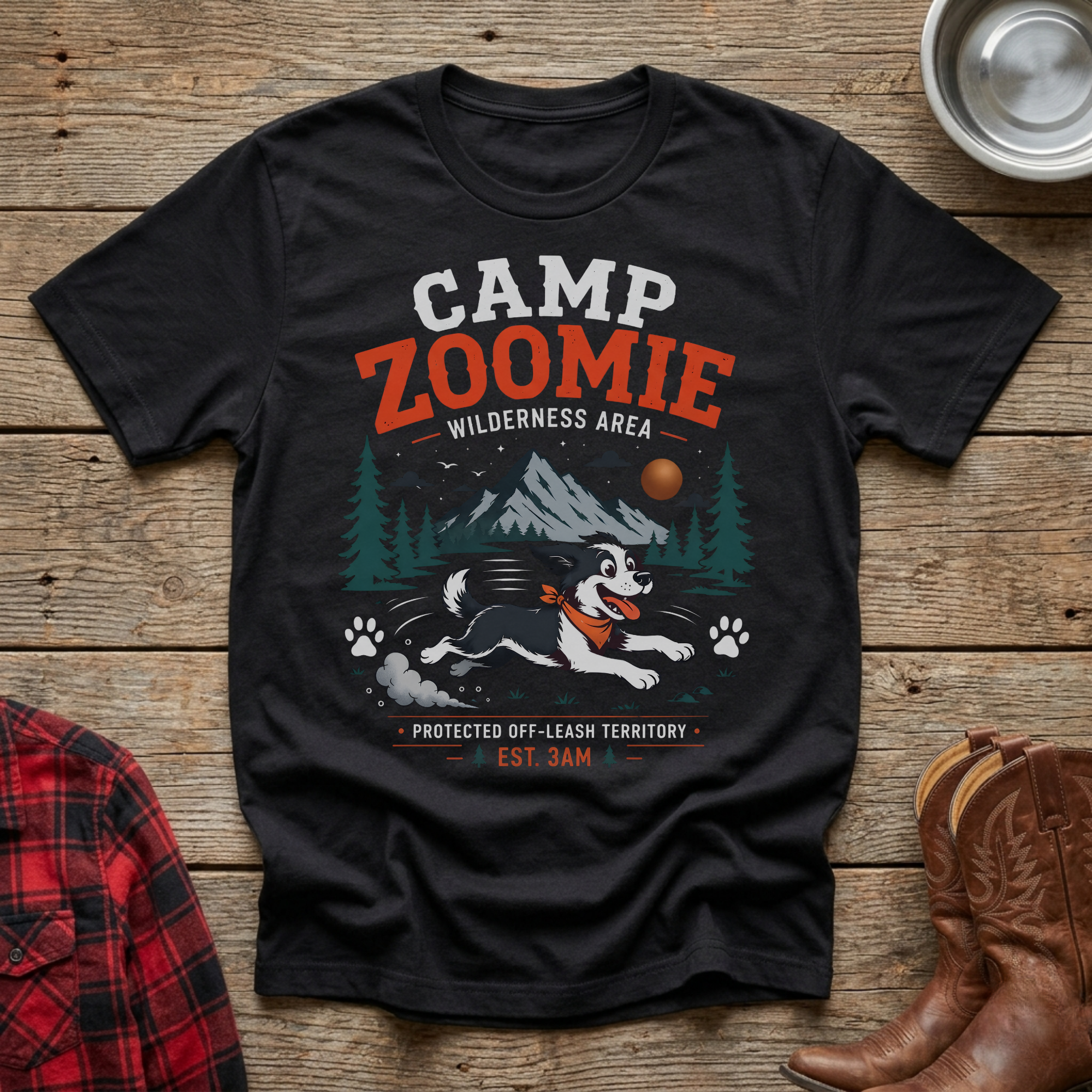 Black t-shirt with "Camp Zoomie Wilderness Area" text and a running dog graphic.