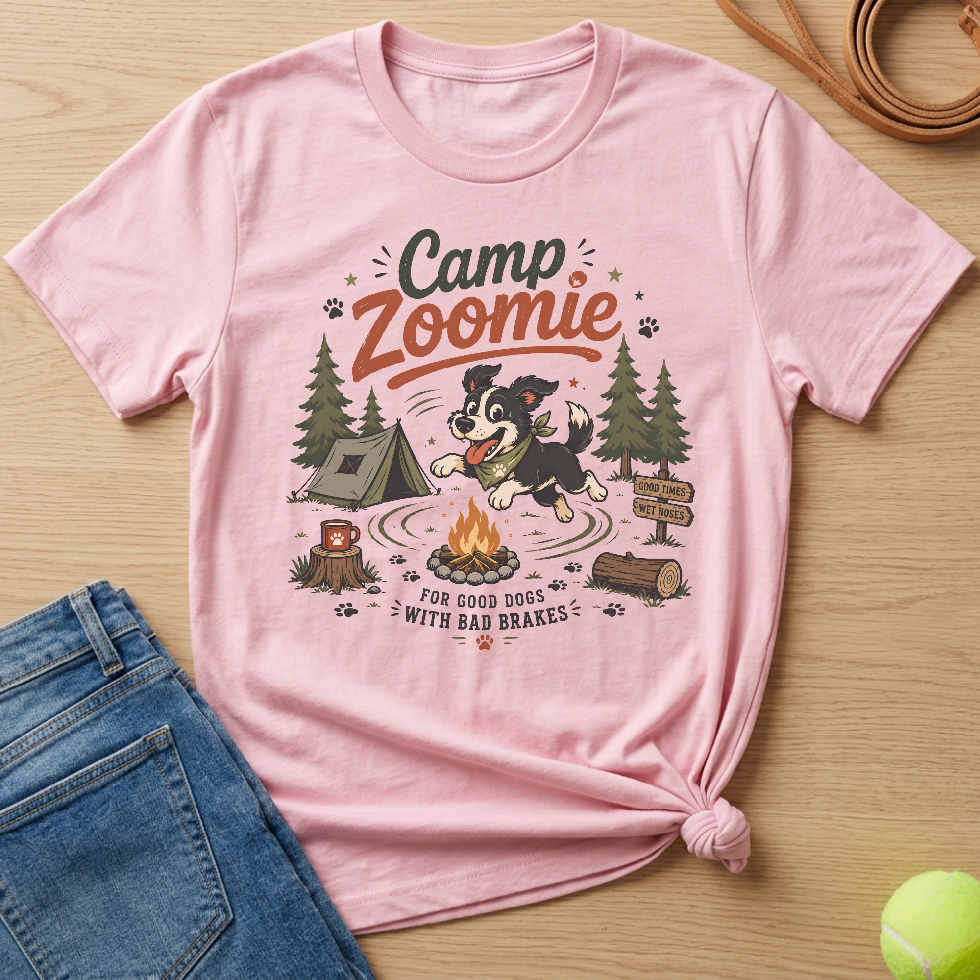 Pink t-shirt with "Camp Zoomie For Good Dogs With Bad Brakes" and a dog.