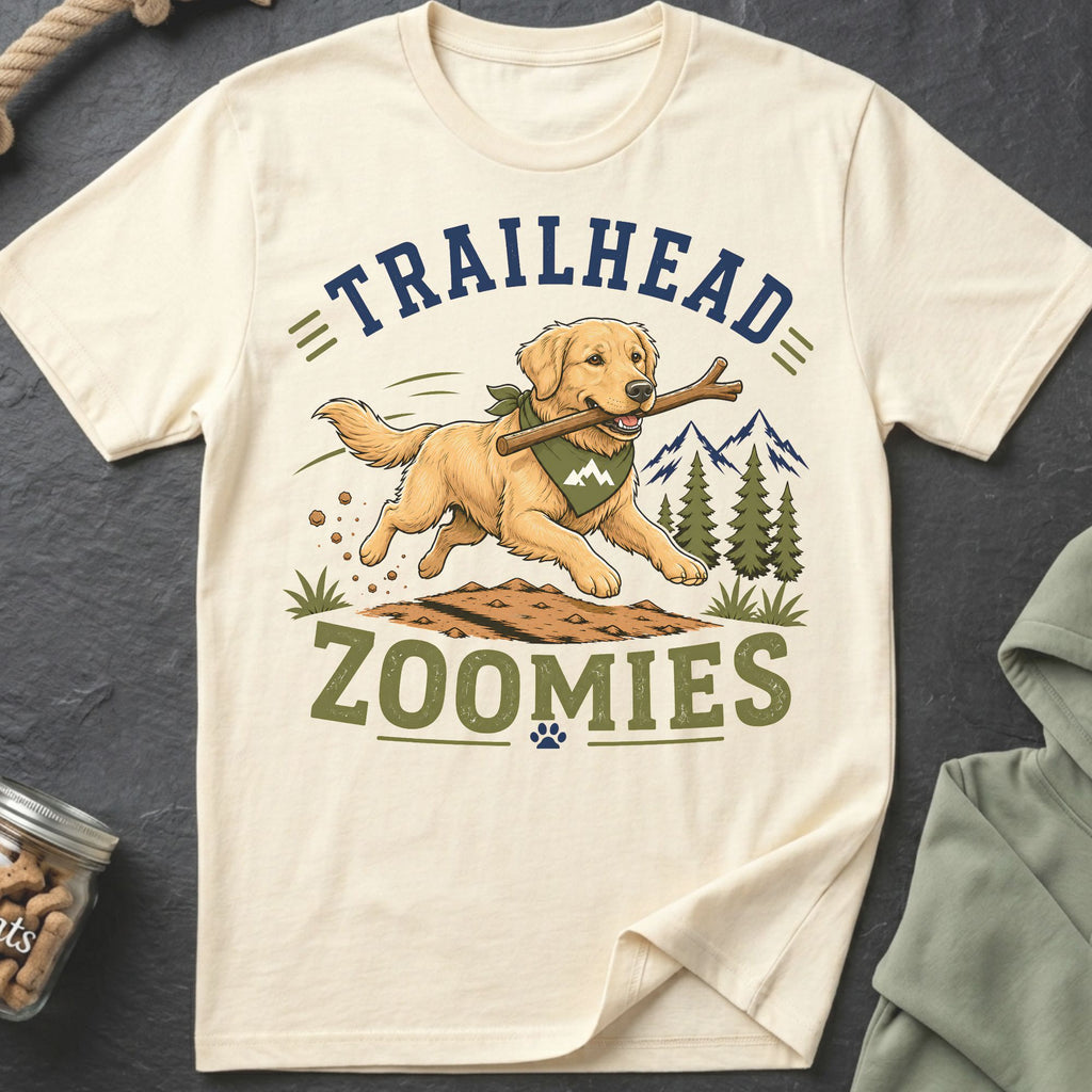 Golden retriever with stick wears bandana and runs past trees and mountains, text "Trailhead Zoomies".