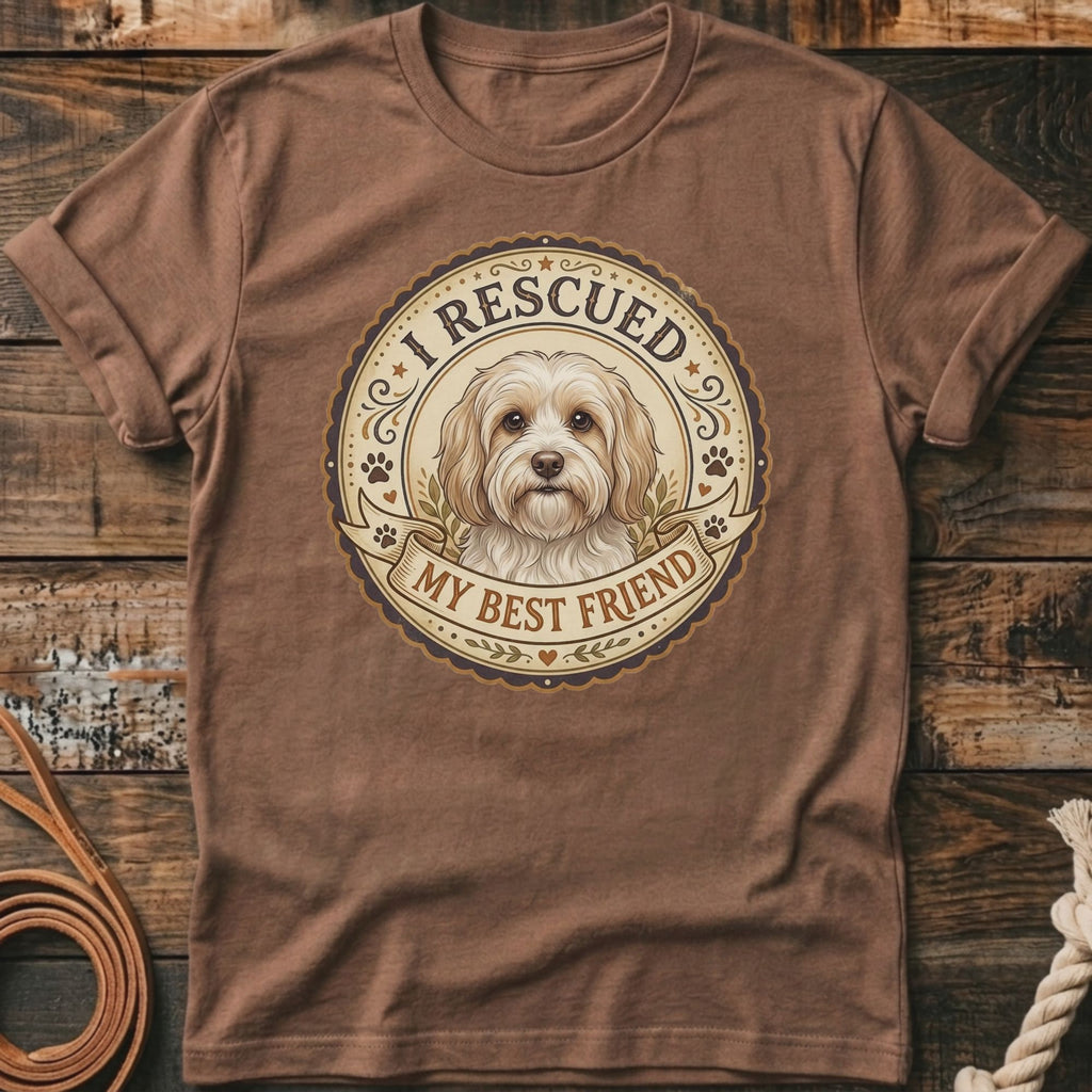 Brown t-shirt with a circular graphic of a dog and text "I RESCUED MY BEST FRIEND".