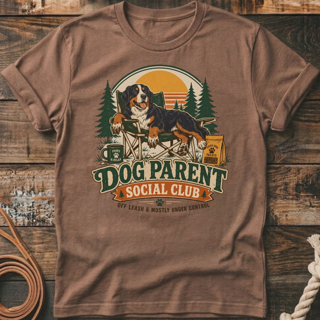 Bernese Mountain Dog lounging in a camping chair with "Dog Parent Social Club" text.