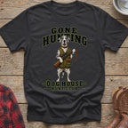 Dark grey t-shirt with graphic of a Dalmatian dog dressed for hunting.
