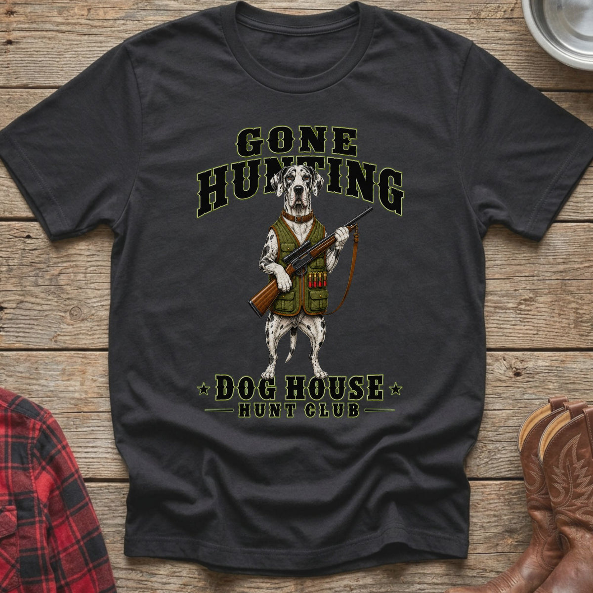 Dark grey t-shirt with graphic of a Dalmatian dog dressed for hunting.