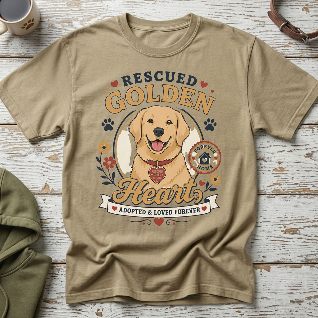 T-shirt graphic with smiling golden retriever wearing a heart tag that reads "Rescued Loved Forever".