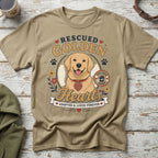 T-shirt graphic with smiling golden retriever wearing a heart tag that reads "Rescued Loved Forever".
