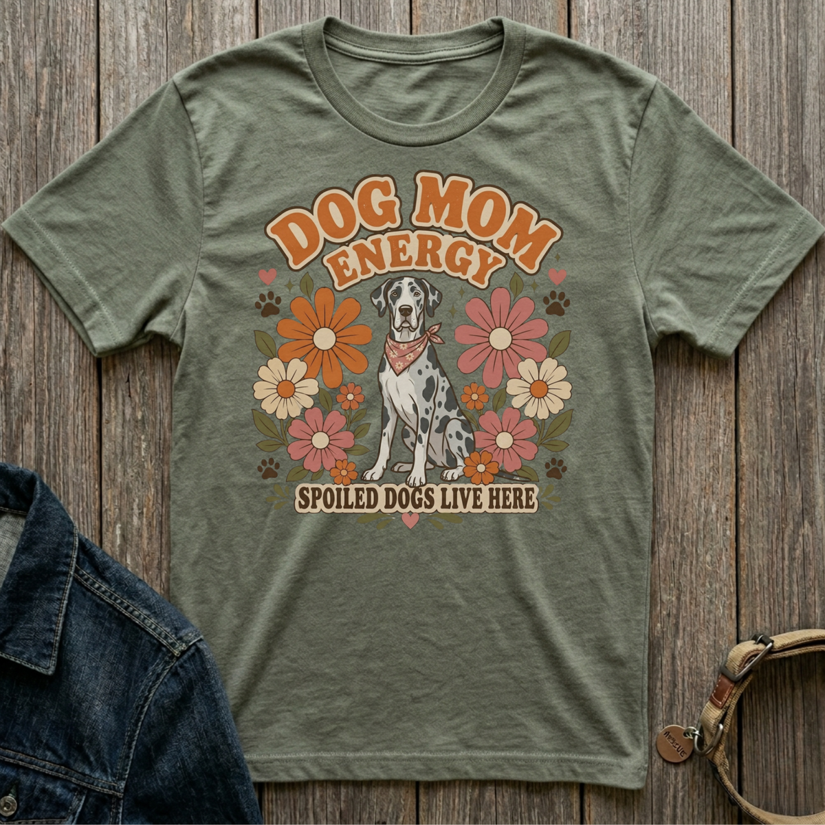 Green t-shirt with graphic of a Dalmatian, flowers, and text "Dog Mom Energy Spoiled Dogs Live Here".
