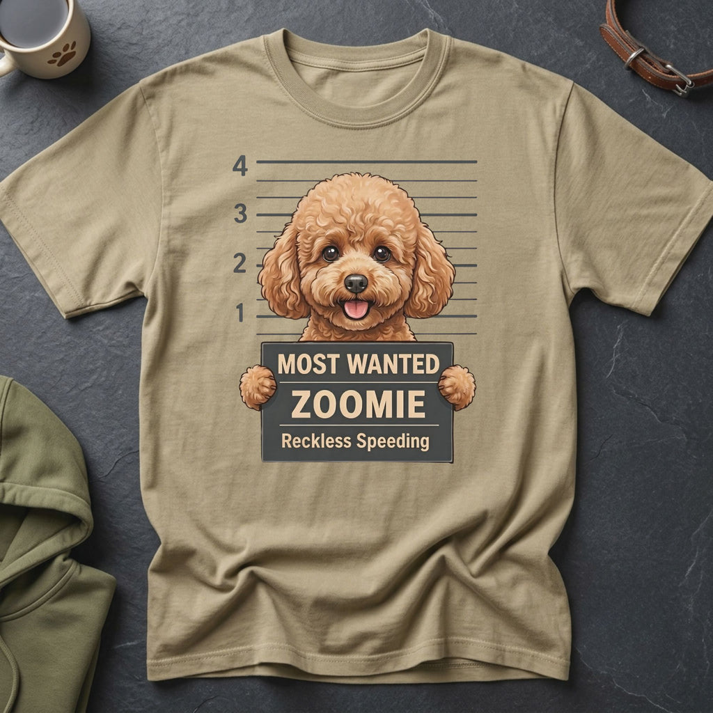 T-shirt with a cartoon poodle holding a "Most Wanted Zoomie Reckless Speeding" sign.