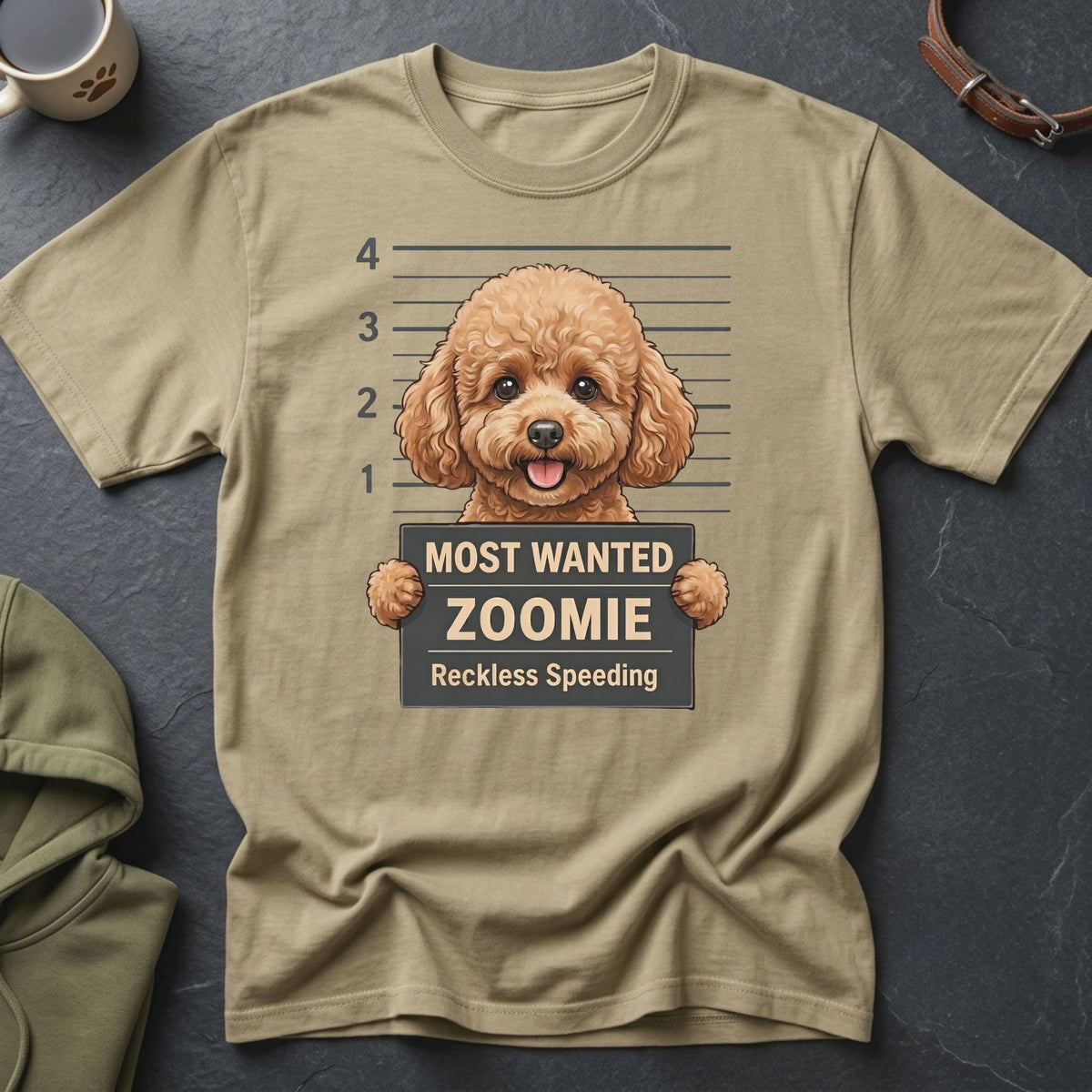 T-shirt with a cartoon poodle holding a "Most Wanted Zoomie Reckless Speeding" sign.