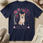 Navy t-shirt with Corgi under a blooming cherry tree, text "Soft Heart Loyal Soul."