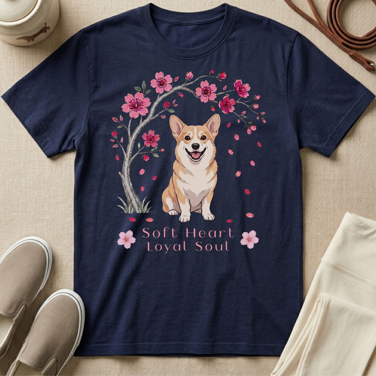 Navy t-shirt with Corgi under a blooming cherry tree, text "Soft Heart Loyal Soul."
