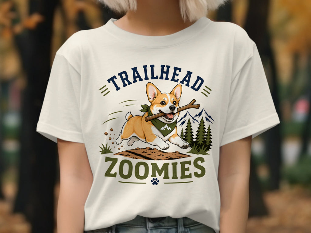 Corgi with stick on shirt saying "TRAILHEAD ZOOMIES" with mountains and trees.