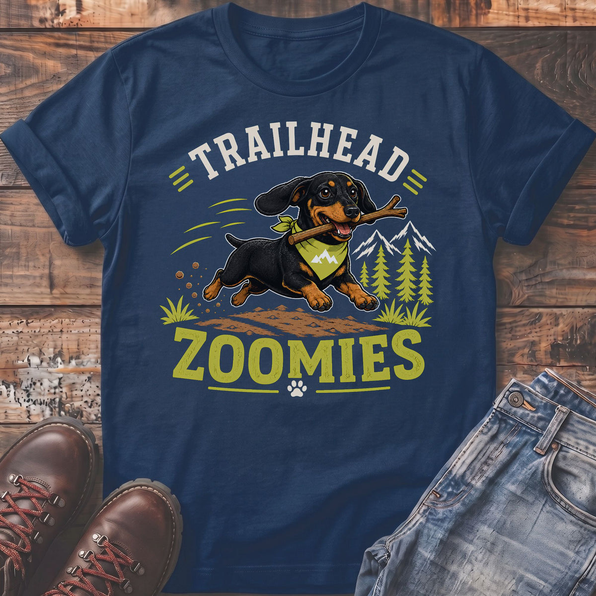 Dachshund on t-shirt with text "TRAILHEAD ZOOMIES" and mountain graphics.