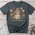 Shih Tzu dog with tulips and "Paws in Bloom" text on a dark grey t-shirt.