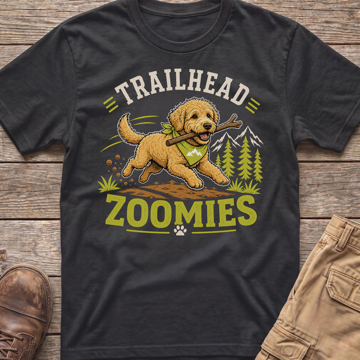 T-shirt graphic with a dog running with a stick and the text "TRAILHEAD ZOOMIES."