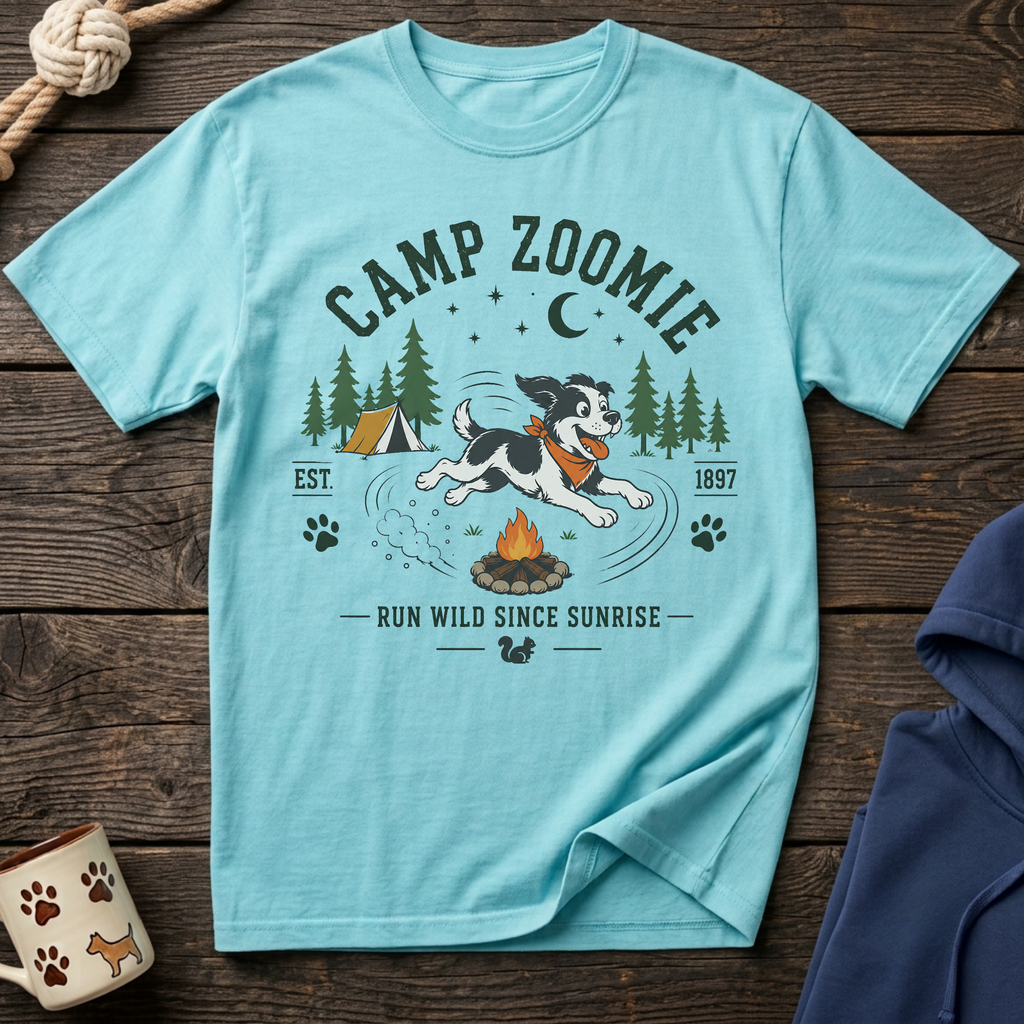 Light blue t-shirt with graphic of a dog running around a campfire, reading "CAMP ZOOMIE".