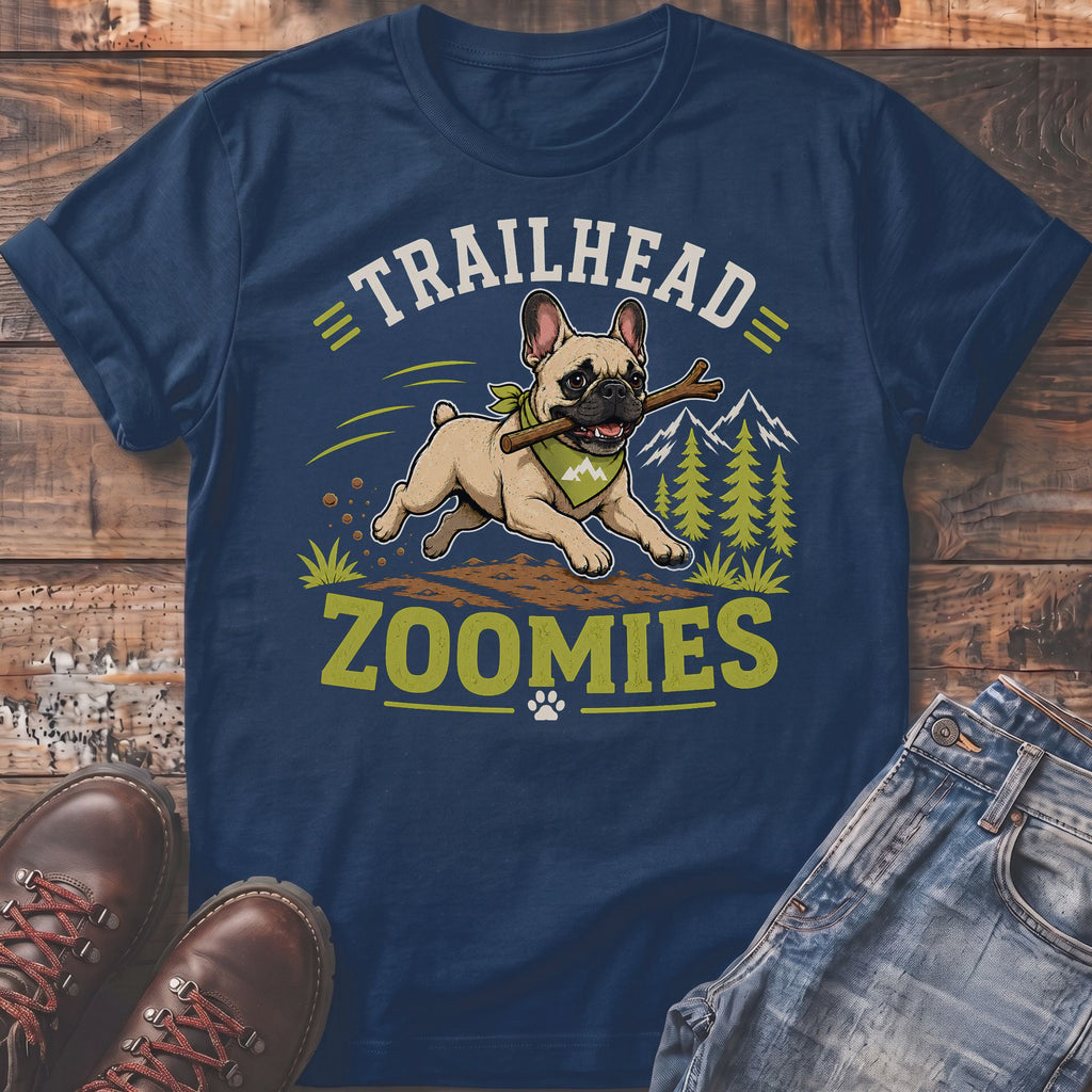 French bulldog with bandana running with stick, "Trailhead Zoomies" text