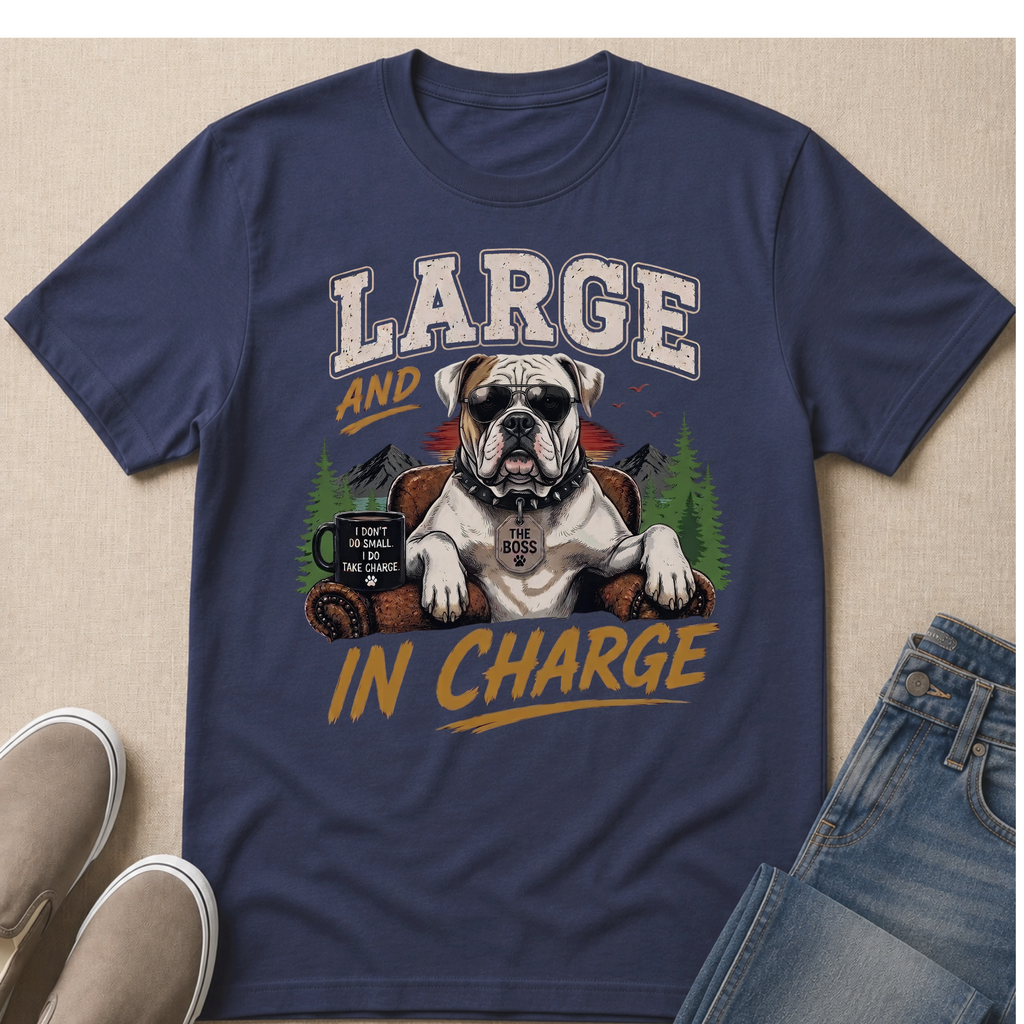 Navy t-shirt with bulldog wearing sunglasses and text "LARGE AND IN CHARGE".