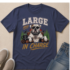 Navy t-shirt with bulldog wearing sunglasses and text "LARGE AND IN CHARGE".