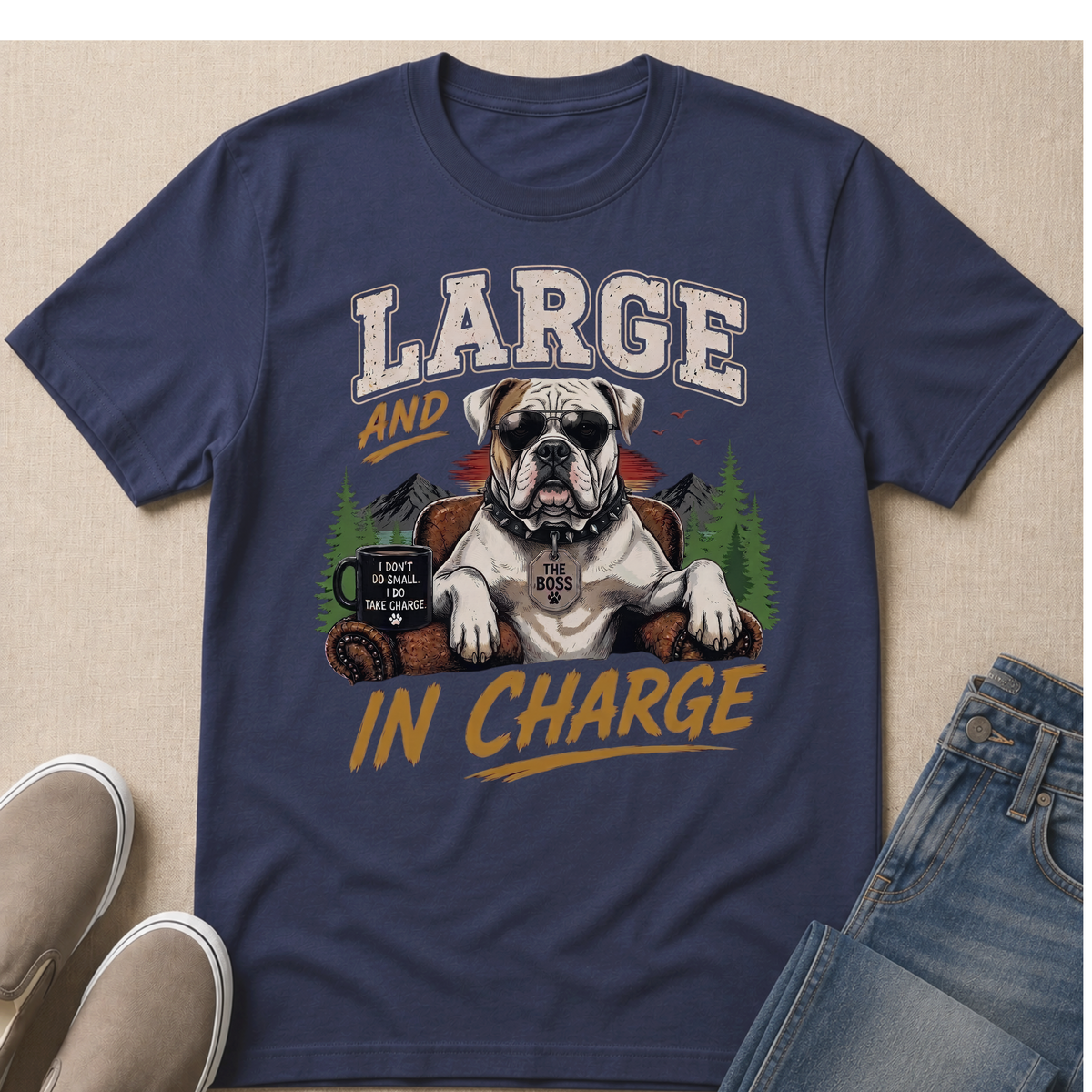 Navy t-shirt with bulldog wearing sunglasses and text "LARGE AND IN CHARGE".