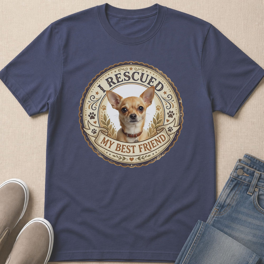 Navy t-shirt with a vintage-style circular design featuring a chihuahua and text "I RESCUED MY BEST FRIEND".
