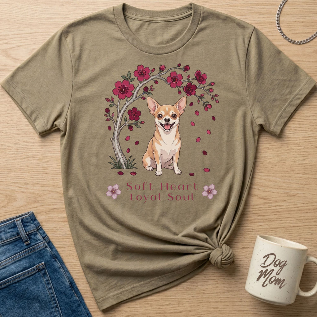 T-shirt with a happy chihuahua under a blooming cherry blossom tree, "Soft Heart Loyal Soul" text.