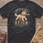 Dark gray t-shirt with a cartoon dog carrying a stick and text "Official Stick Transportation Dept."